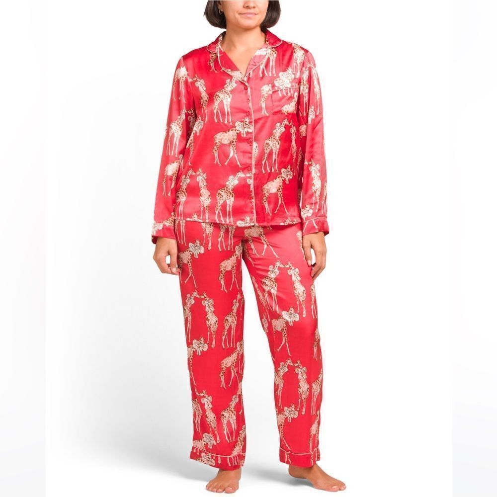 THEIR NIBS Red Tan Love Giraffes Satin Notched Long Sleeve PJ Set